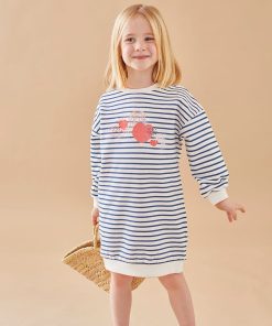 Robe rayée en molleton, écru/bleu - Blanc