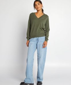 Pull en maille à col V - Kaki
