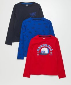 Tee-shirt en jersey à manches longues - Lot de 3 - Rouge/bleu marine