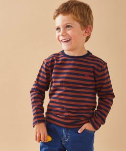 T-shirt longues manches rayé, marine/caramel - Marron