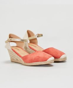 Sandales compensées en suédine - corail