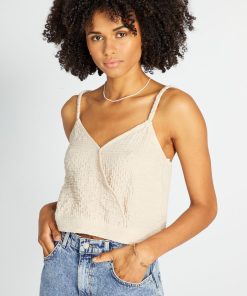 Crop top en gaze de coton et bretelles torsadées - Beige