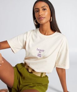 T-shirt en jersey avec broderie - Beige