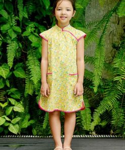Robe Chinoise Fille Jaune Fleurie Rose Col Mao ANNAM - 'LA FAUTE A VOLTAIRE' - Jaune