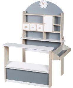 ROBA Marchande en Bois à Étagères et 3 Tiroirs + 2 Comptoirs et Horloge - Blanc/Gris - N/A