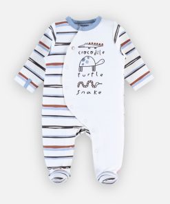 Pyjama 1 pièce rayé en interlock, écru/bleu - Blanc
