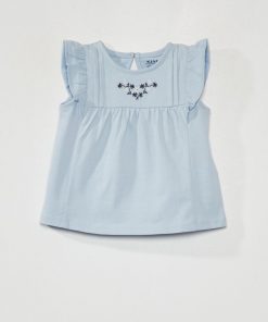 Tee-shirt brodé avec manches volantées - Bleu