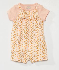 Ensemble salopette + t-shirt en coton - Rose/orange