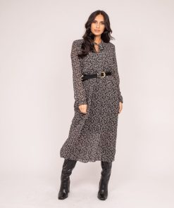 Robe longue motifs plissée IFLOR - Noir