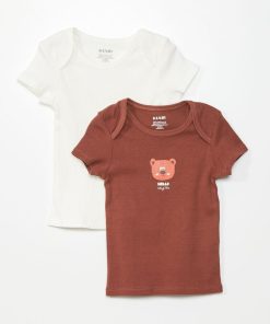Lot de 2 t-shirts en maille pointelle - Marron/ blanc