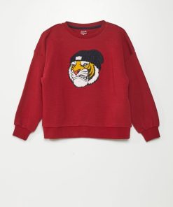 Sweat en molleton avec maille bouclette - Rouge bordeaux