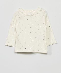 T-shirt en maille côtelée col volanté - Blanc