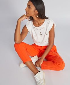 T-shirt en maille côtelée et ajourée - Beige