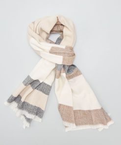Grande écharpe à carreaux et frangée - Gris/beige
