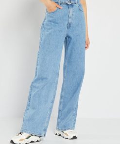 Jean wide leg taille haute ceinturé - Bleu