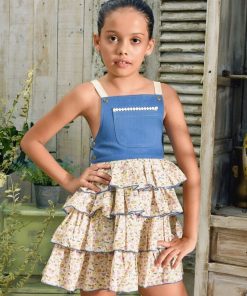 Robe salopette  volants liberty  GIGI - 'LA FAUTE A VOLTAIRE' - Bleu Jaune