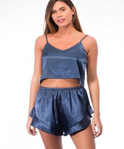 Pyjashort fluide en satin Kebello - Bleu
