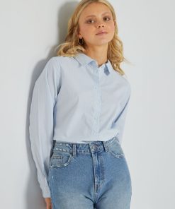 Chemise fittée col italien - Bleu rayé