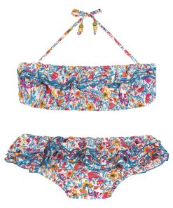 Maillot de bain 2 pièces  à volants fleurs liberty  SWAN - 'LA FAUTE A VOLTAIRE' - Bleu