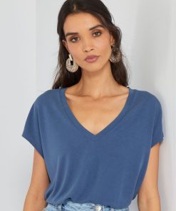 T-shirt uni à col V - Bleu