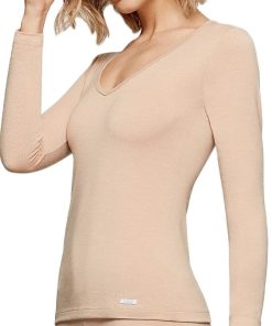 Tricot de peau col V manches longues Thermo - Beige