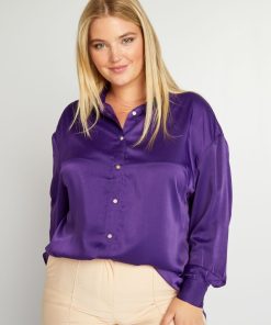 Chemise effet satiné col italien - Violet