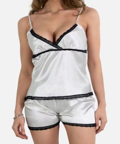 Ensemble pyjashort fines bretelles en satin Kebello - Blanc Blanc