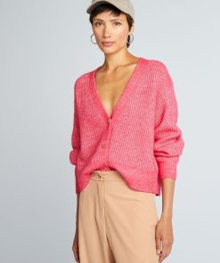 Gilet maille grosse jauge et boutons fantaisie - Rose
