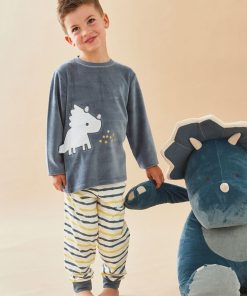 Pyjama 2 pièces dino en velours et jersey, canard/écru - Vert