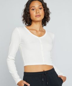 T-shirt cropped en maille côtelée - blanc