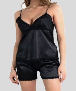 Ensemble pyjashort fines bretelles en satin Kebello - Noir Noir