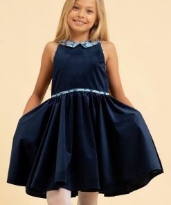 Robe Qui Tourne Fille Velours Bleu Marine à col liberty HEPBURN - 'LA FAUTE A VOLTAIRE' - Rouge