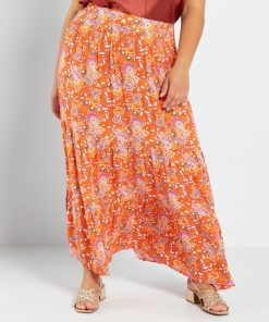 Jupe longue imprimée à étages - Orange