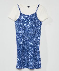 T-shirt côtelé + Robe fleuri - 2 pièces - Bleu
