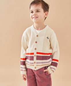 Cardigan En Tricot Rayé, Crème/aubergine - Noir Blanc