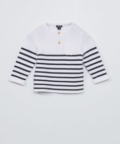 Pull à col tunisien en maille - Blanc/noir à rayures
