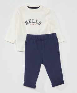 Ensemble tee-shirt imprimé + pantalon french terry - Blanc/marine