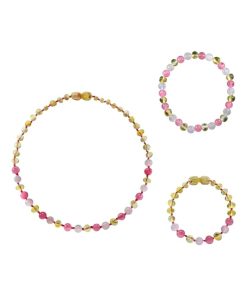Box bracelet et collier bébé / Bracelet adulte - Ambre Lemon / Quartz rose / Calcédoine - Jaune
