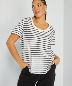 T-shirt en jersey avec imprimé fantaisie - Blanc à rayures