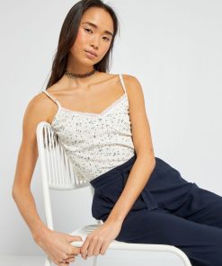 Débardeur crop maille pointelle - Blanc/bleu