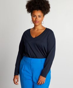 Tee-shirt basique manches longues et col V - bleu marine