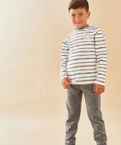 Pyjama 2 pièces rayé en velours et jersey, écru/gris foncé - Gris