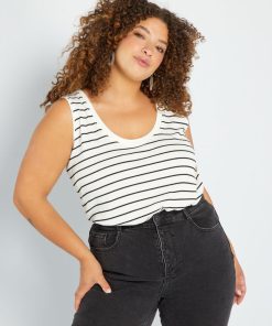 Débardeur rayé en maille côtelée - BEIGE