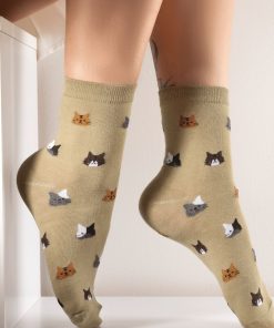 Chaussettes En Coton Tête De Chat- Sockup- 35-43 - Kaki