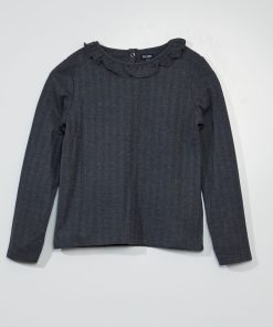 T-shirt manches longues à col volanté - Gris