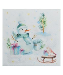 Lot de 20 serviettes en papier Bonhomme de neige et oiseau - Blanc