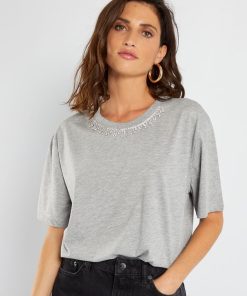 T-shirt en jersey avec bijoux fantaisie - Gris