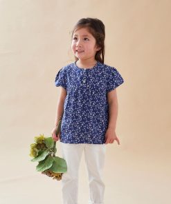 Blouse à manches courtes à imprimé végétal, - Bleu