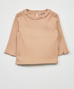 T-shirt en maille côtelée col volanté - Beige