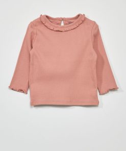 T-shirt en maille côtelée col volanté - Rose